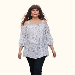 Penningtons Blue Floral Cold Shoulder Blouse Plus Size 3X